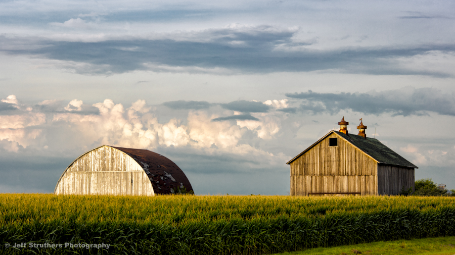 A couple of barns sitting in the middle of a field.